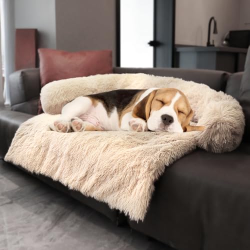 Image of Luxurious Calming Dogs /Cats Bed Mats, Dog Pad Washable Removable Couch Cover, Plush Long Fur Mat for Pets, Waterproof Lining, Perfect for Small, Medium and Large Dogs and Cats (Beige, 36 inchx31 inch)