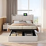 Letto baule 140 x 200 con rete, letto matrimoniale imbottito con porte USB e tipo-C, funzione idraulica, telaio letto con ripostiglio, letto matrimoniale con testiera di stoccaggio, lino