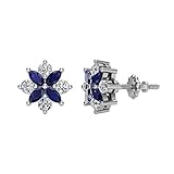 Marquise Sapphire and Round Diamond Stud Earrings 14K White Gold 0.90 carat total weight