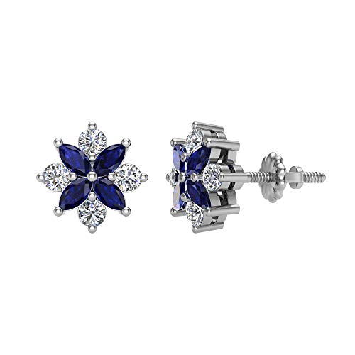 Marquise Sapphire And Round Diamond Stud Earrings 14K White Gold 0.90 Carat Total Weight #TOP8