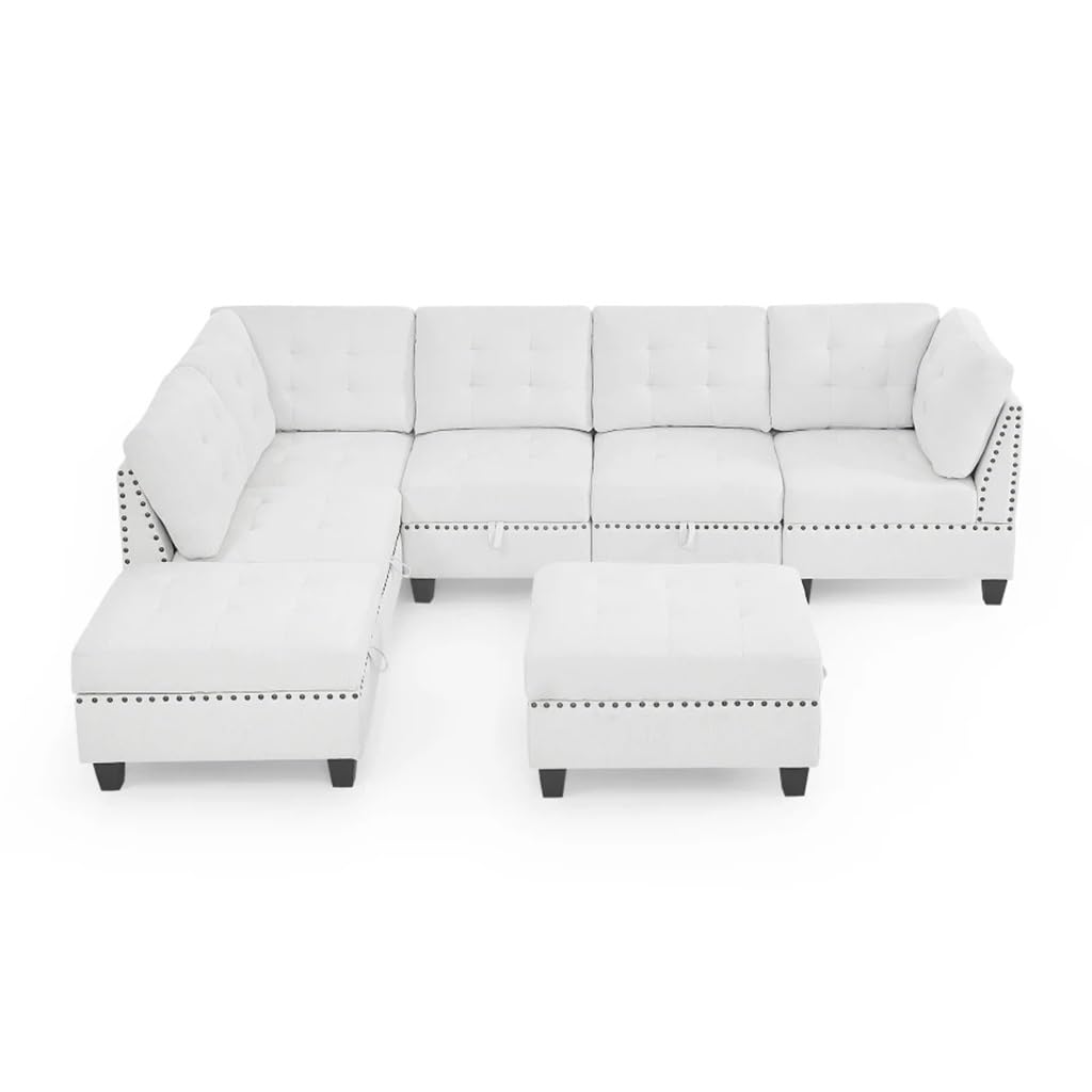L Shape Modular Sectional Sofa DIY Combination Includes Three Single Chair Two Corner and Two Ottoman Ivory Chenille