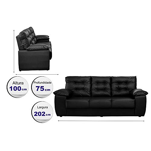 Sofá Luxemburgo 3 Lugares 2,02m Tecido Courino Preto