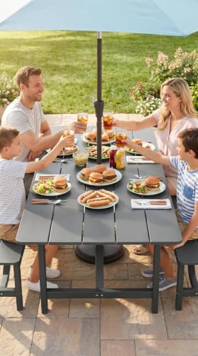 Image of 67'' HDPE Outdoor Dining Table for 6 Rectangular Patio Table for Yard Deck | Dining Table with Umbrella Hole Large Space for 4-6 All-Weather Resistant Heavy Duty Rust-proof Outdoor Indoor Use