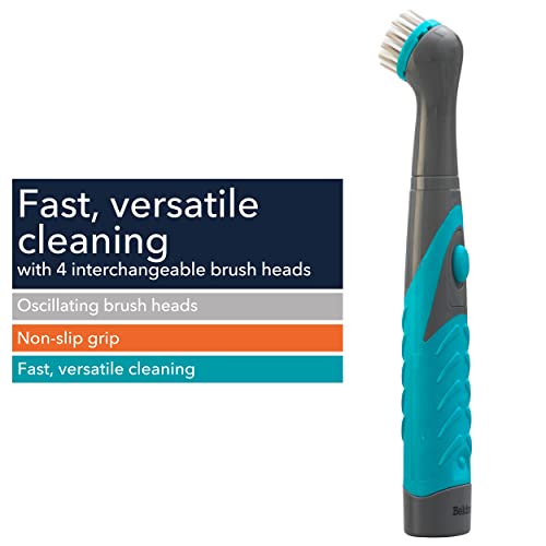 Beldray LA082718EU7 Battery Powered Scrubber Brush, Deep Clean Handheld Tool With 4 Interchangeable & Oscillating Heads, Designed for Precision Cleaning, For Grout,Tiles, Shoes, Grey/Turquoise, 4x26x3 - Image 3