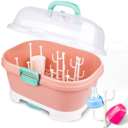 Image of NiHome Portable Baby Bottle Drying Rack with Anti-Dust Lid, Cutlery Organizer and Drain Board - Easy-Carry Handle for Home, Kitchen, Travel and Outdoors (Pink)