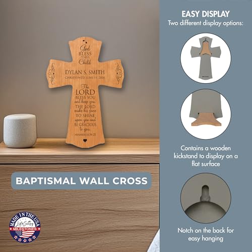Image of LifeSong Milestones Personalized Baptism 1st Holy Communion Christening Wall Cross Decoration God Bless This Child the Lord Bless You and Keeps You (8.5 inch x 11 inch, Cherry)