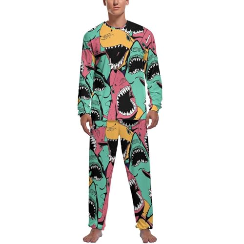 Haut et bas de pyjama homme manche longue requins de couleur pour stopper l'inconfort de nuit