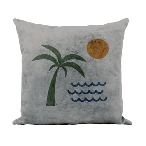 Image of Fabulous Faux Leather Cushion Cover Grey – Sea Coconut Tree Tropical Sun Exotic Beach Minimalist – 40 x 40 cm Leather Feel