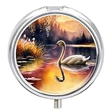 Travel Pill Organizer Box 3 Compartment, Small Medicine Case, Pocket Daily Pharmacy Container, Metal Medication Holder Dispenser for Vitamin - Sunset Swan Lake with Flowers Tree Mountain Painting