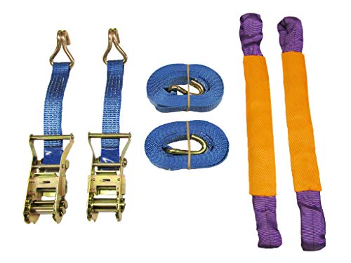 x2 35MM 4M Ratchet Recovery Straps Round Slings - Alloy Wheel Tie Down Trailer Kit