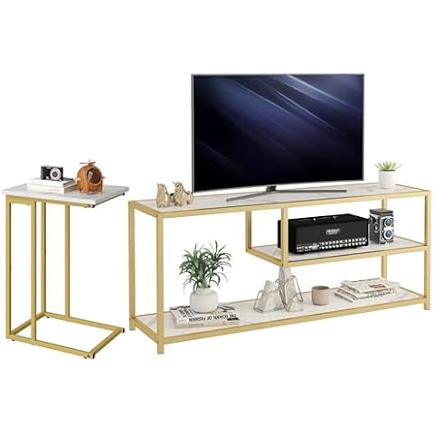 Function Home Modern TV Stand and Side Table, Entertainment Center TV Cabinet End Table Set with White Wood Top and Gold Metal Legs, Media Console Table Set for Living Room Bedroom Cover