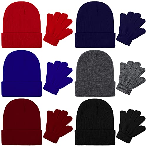 TODDOR Kids Winter Beanies and Gloves Set Include 6 Pieces Knitted Beanies and 6 Pairs Stretchy Gloves