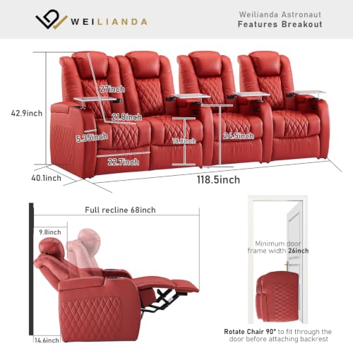 Image of Weilianda Home Theater Seating, Top Grain Leather Movie Theater Chair | Red Row of 4 Loveseat Left, Zero Gravity, Power Headrest, Tray Table, Electric Reclining Seat for Media Room