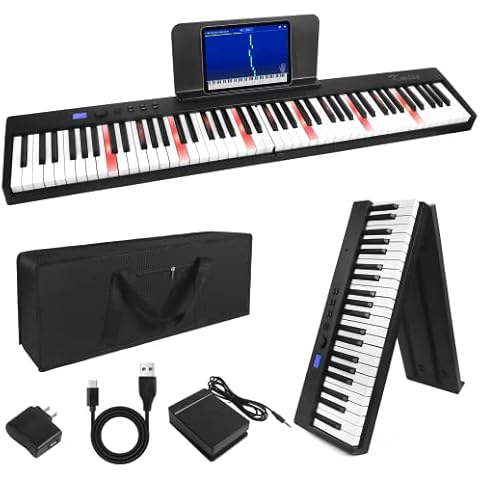 Folding Piano,Kmise Electric Keyboard 88 Keys Semi-Weighted Digital Keyboard Piano Bluetooth Foldable Keyboard with MIDI Sustain Pedal,Music Sheet Holder,Carryiing Bag Cover