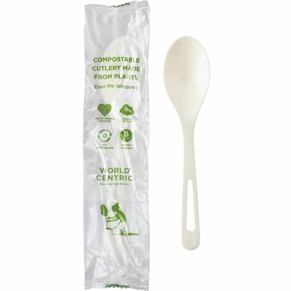 World Centric SP-PS-I Compostable TPLA 6" Spoons, Individually Wrapped (Pack of 750)