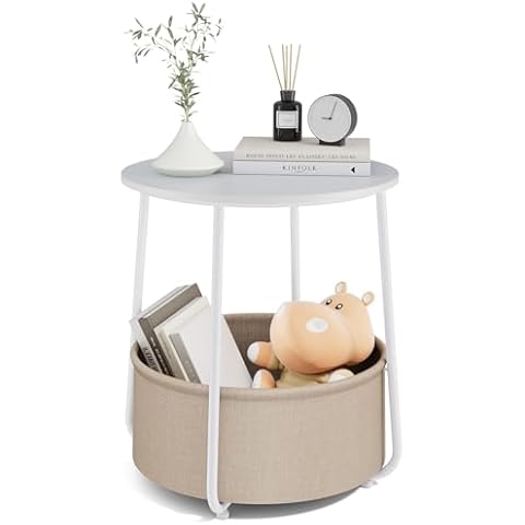 DUMOS Small Round Side End Table, Modern Nightstand with Fabric Storage Basket, Bedside Table for Living Room Bedroom (White & Beige Cover