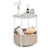DUMOS Small Round Side End Table, Modern Nightstand with Fabric Storage Basket, Bedside Table for Living Room Bedroom (White & Beige