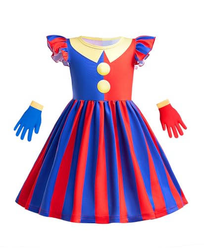 Koongso Pomni Abiti da clown per ragazze, bambini The Amazing Digital Circus Cosplay Dress Gonna con guanti per Halloween Carnevale festa di compleanno 130