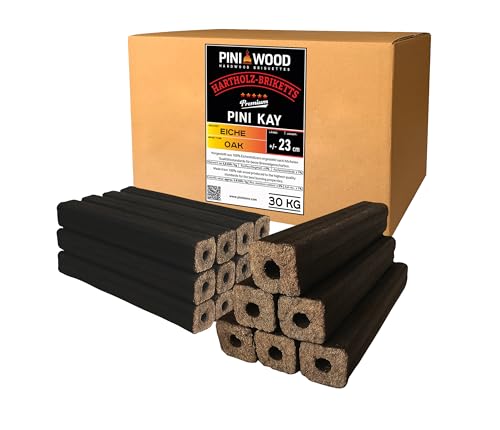 PINI Kay Briquetas de madera de roble, 23 cm de largo, cuadradas con agujero de tracción, 30 kg, briquetas de madera dura, briquetas de madera de roble, chimenea, horno, chimenea, barbacoa