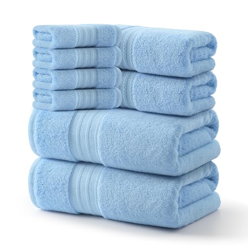 REDKISS 8 Piece Blue Towels Set - 100% Cotton Towels Set with 2 Large Bath Towels 2 Hand 4 Washcloths 600 GSM Highly Absorbent Bath Towel Sets Blue Quick Dry Shower Towel for Family Dorm Gym