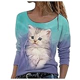 VESNIBA Pullover Damen Lustig 3D T-Shirt Katze Drucken T-Shirt Basic Casual Tee Mädchen Kinder Rundhals Lange Ärmel Oberteile Tops Blusen Shirt Kurzarmshirt Regular Fit（Himmelblau_a161,XXL）