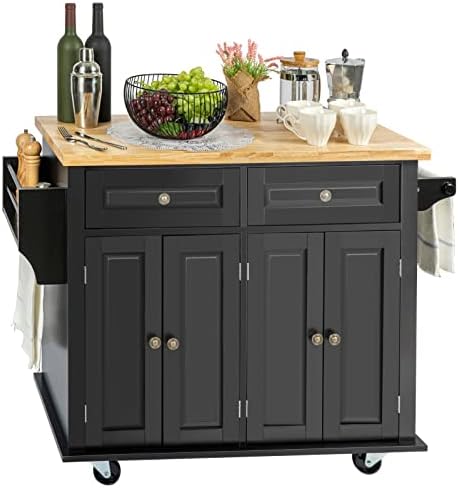 Rolling Kitchen Island on Wheels - with Storage Islands Table for Kitchen Portable Moveable Cart, Rustic Wood Block Islands, Black