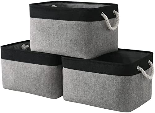 Organization and Storage Bins for Shelves - 16x12x8 inch Large 3 Pack Fabric Storage Cubes Collapsible Baskets for Shelves with Rope, Storage Basket for Organizing Cloth Toy Laundry (Black & Grey)