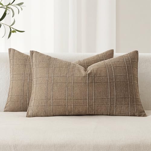 Image of MIULEE Decorative Linen Check Lumar Throw Pillow Covers Neutral Farmhouse Vintage Pillow Covers 12x20 Set of 2 Boho Modern Winter Home Decor for Sofa Couch Bedroom Cushion Light Brown