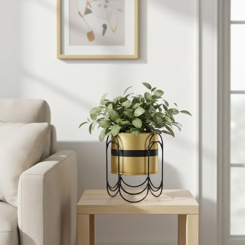 NEW METAL TRENDS Modern Metal Planter Stand with Powder-Coated Pot, Elegant Black Frame, Indoor Decorative Flower Pot Holder for Living Room, Office, Balcony & Home Decor Gift Items (Gold Pot)