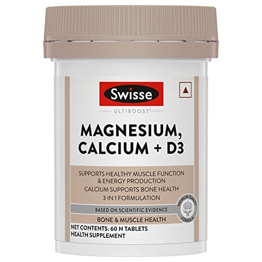 Swisse Magnesium, Calcium+D3 Supports Muscle Function, Energy & Bone Health (Manufactured In Australia) - 60 Tablets (1 Tablet Per Serving)