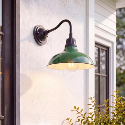 Image of JONATHAN Y 12.25 inch Green /Black Farmhouse Industrial Outdoor Sconce, LED Gooseneck Wall Light for Porch, Metal Bowl Shade, Dimmable Vintage Exterior Fixture, LED Bulb Included (JYL7613F)