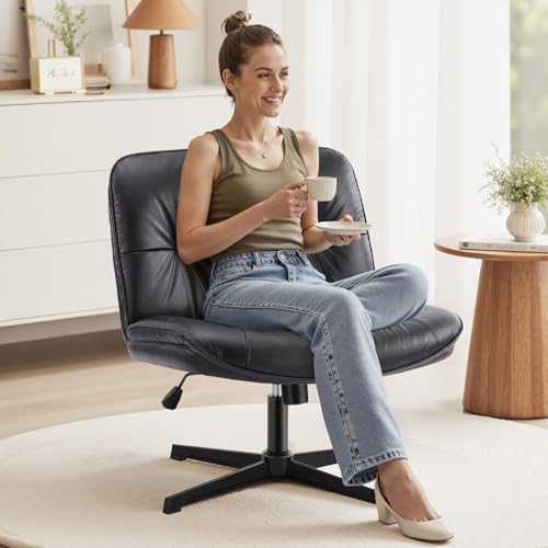 OLIXIS Criss Cross Chair Without Wheels, Cross Legged Office Chair, Armless Wide Vanity Desk Chair with Comfy PU Leather& Back - Swivel for Home Office Bedroom, Black