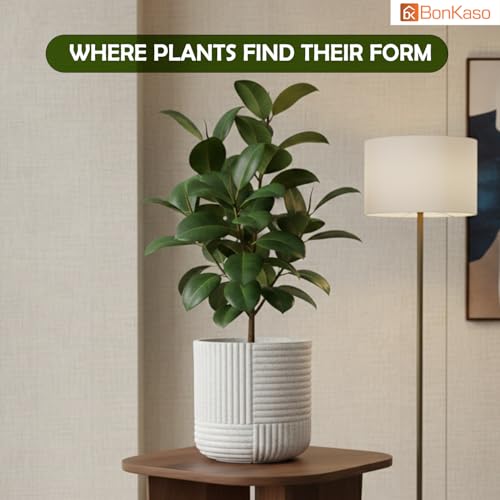 Image of Bonkaso 15 Inch Ribbed Planter Pot for Indoor & Outdoor Use | Round Heavy Duty Polymer Flower Pot | Lightweight Weather Resistant Modern Gamla for Living Room Balcony & Terrace (White)