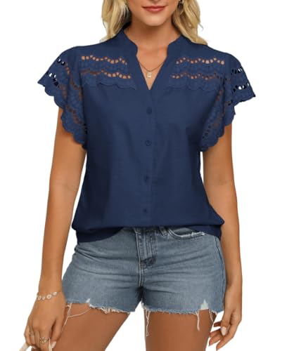 GRACE KARIN Damen Sommer Kurzarm Bluse Casual V-Ausschnitt Baumwolle-Leinen Shirts Elegant Locker Passform Ausgehöhlte Oberteile Dunkelblau XXL