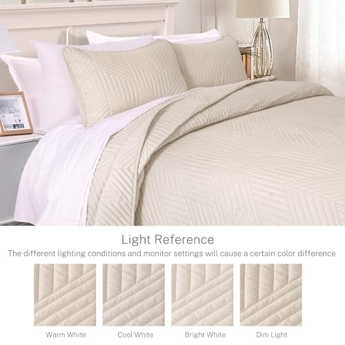 Exclusivo Mezcla Ultrasonic Full Queen Quilt Bedding Set, Lightweight Brich Beige Bedspreads Soft Modern Geometric Coverlet Set for All Seasons (1 Quilt and 2 Pillow Shams)