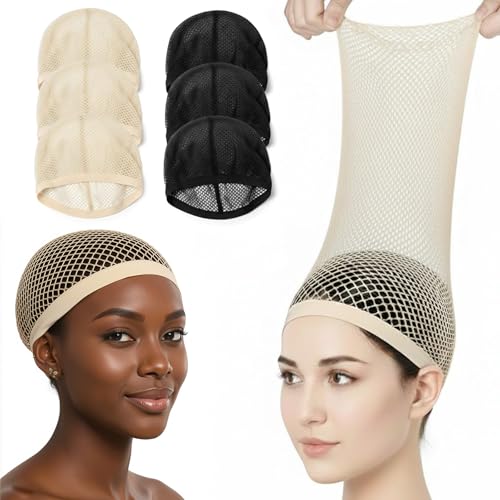 CJZYepopee 6PCS Wig Cap Non Slip Black Mesh Net Wig Caps No Braiding Needed Wig Caps for Wig Beginner Weaving Hair Net Wig Net for Long Hair Hair Net for Halloween Cosplay Natural Nude