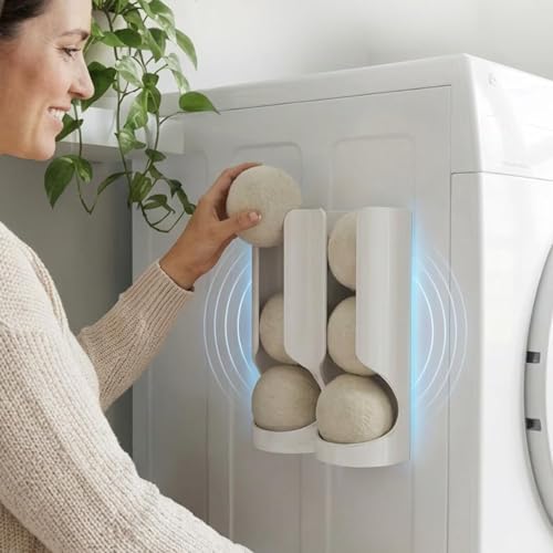 Magnetic Dryer Ball Holder for Laundry Room Organization - Space-Saving Wool Dryer Ball Storage Rack Strong Magnet Mounts to Washer & Dryer Holds 6+ Standard Balls Two Ways to Use Minimalist Design