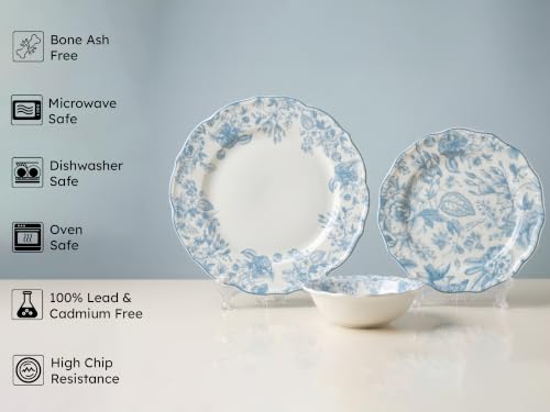 Image of Bodhi House Porcelain Dinner Set 12 Pieces - Blue Leaf White Dinnerware Set | 4 Dinner Plates, 4 Quarter Plates, 4 Katori Bowls | Premium Crockery Set for Dining, Kitchen & Gifting