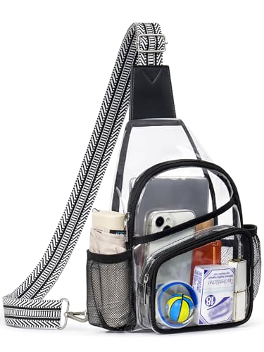 QOECI Clear Bag for Stadium Events, Clear Purses for Women Men, Large Stadium Bag with Water Bottle Holders, See Through Sling Backpack for Concert Sport Gym Travel, Black