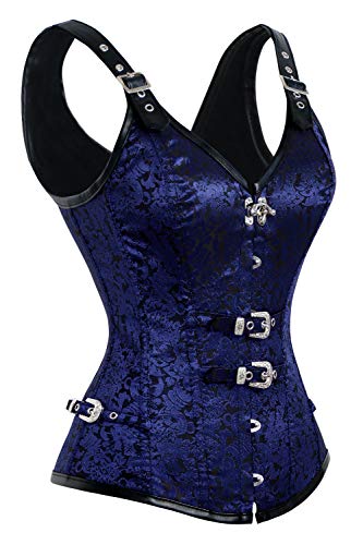 Kimring Women's Gothic Steampunk Brocade Overbust Corset Vest Spiral Steel Boned Bustier Blue Small #TOP1