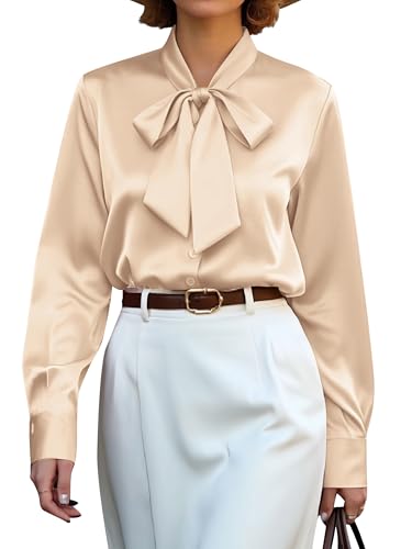 CBOO Women's Bow Tie Neck Button Down Shirts Silk Blouses Long Sleeve Elegant Satin Blouse Casual Dressy Business Tops