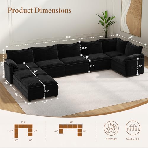 Image of Vesgantti Large Modular Sectional Sofa, Big Comfy Cloud Couch with Ottoman Deep Seat Corduroy Cloud Sofa, 8 Seater Large Sectional Couches for Living Room, Bedroom and Apartment, Black