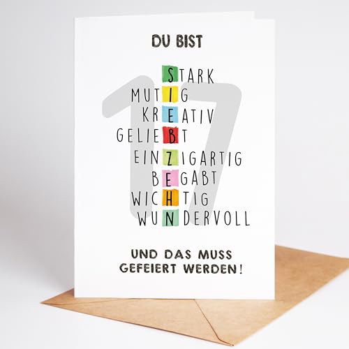 Lovely Cards - Rätselkarte bunt - Premium Geburtstagskarte zum 17. Geburtstag Mädchen Jungen Sohn Tochter - Geschenke Teenager - Geschenke Mädchen 17 jahre - Birthday Card A6 (17 Jahre)