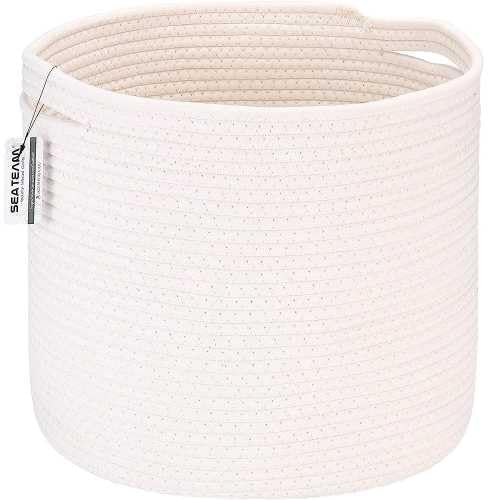 Sea Team Large Laundry Basket Woven Storage Basket with Handles for Clothes, Toys, Towels - 38x38x33cm, Stylish Home Decor Hamper WHITE