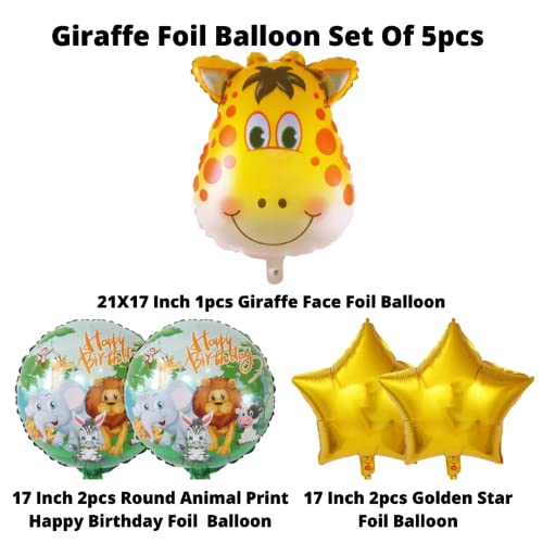 Image of Party Decorz Giraffe Happy Birthday Foil Balloon Set Of 5pcs (1pcs Giraffe Foil Balloon+ 2pcs Animal Foil Balloon +2pcs Star Foil Balloon) For Jungle /Safari /Animal /Zoo Theme Birthday Party Decoration