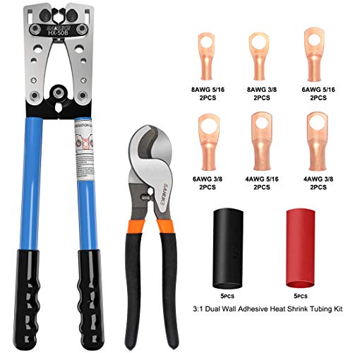 Sanuke Battery Cable Wire Lug Crimping Tool For Awg 8-1/0 Electrical Lug Crimper With Cable Cutter And 12Pcs Lugs Tubular Ring Terminal Connectors And 10Pcs 3:1 Dual Wall Adhesive Heat Shrink Tubing #TOP1