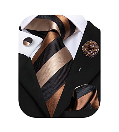 Hi-Tie Ensemble de boutons de manchette carrés en soie pour homme avec cravate jacquard pour mariage, Marron/rayures, M Cover