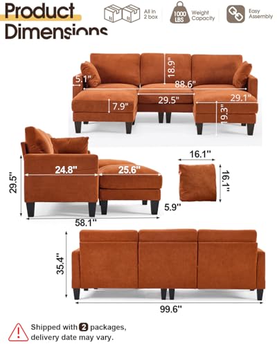 Image of Karl home 99.6 inch 3-Seat U-Shaped Sectional Sofa, Orange | Chenille Upholstered, 2 Movable Ottomans, Cloud-Like Seat, 2 Throw Pillows, Comfy Deep Seat, Living Room, Apartment, Office