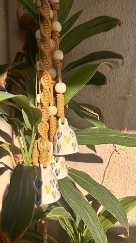 Image of Mundane | Macrame Bell Hanging with Handpainted Ceramic Bells | Wall & Balcony Home Decor | Bells Size- 2.5 inches | (Grey Yellow Hearts- Yellow Macrame)