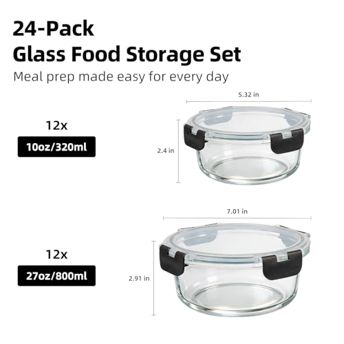 Image of Konokyo Round Glass Food Storage Containers with Lids, 24 Pack Airtight Leakproof Meal Prep Containers, BPA-Free, Microwave Oven Freezer & Dishwasher Safe, Assorted Sizes
